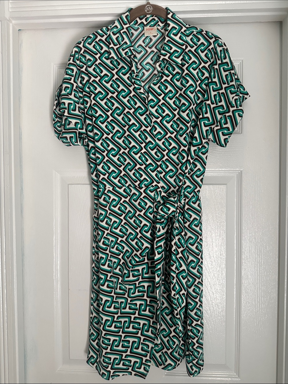 Geometric Wrap Midi Dress in Teal & Black